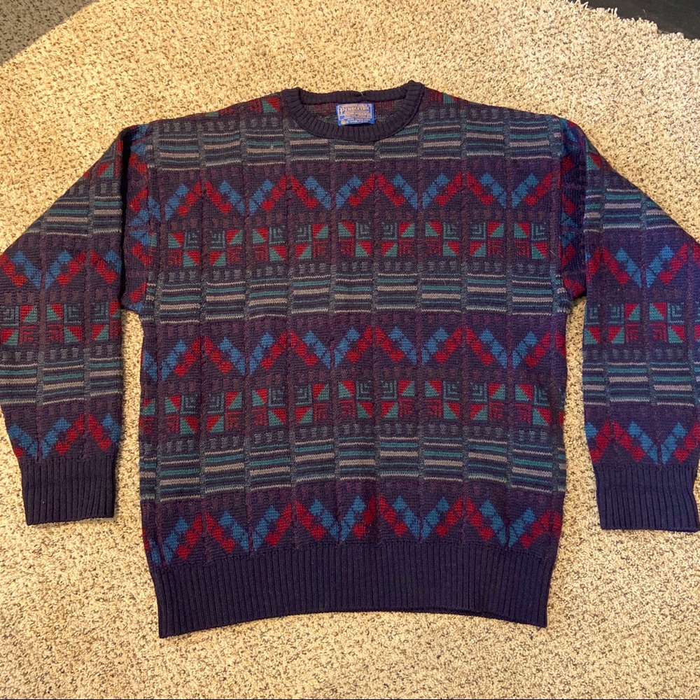 Vintage Pendleton Wool Sweater Large Navy Red Green Pattern